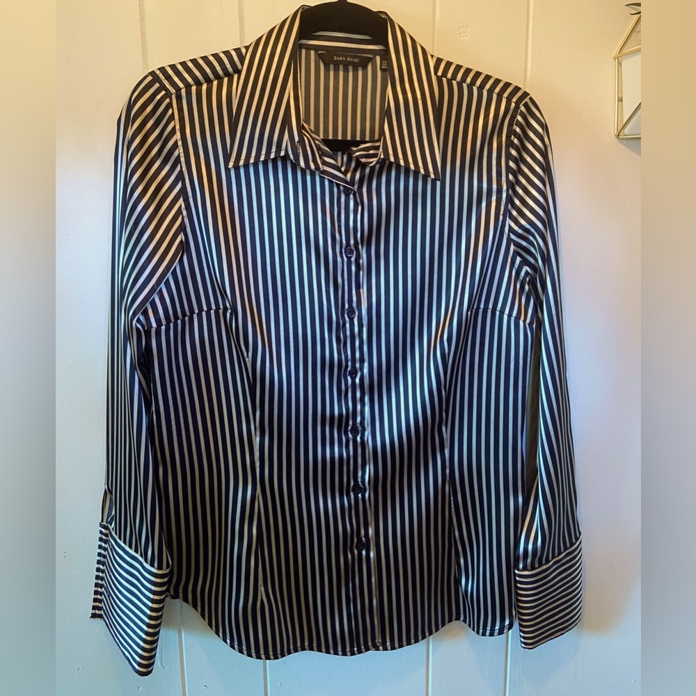 Zara Basic black and white striped blouse size Large